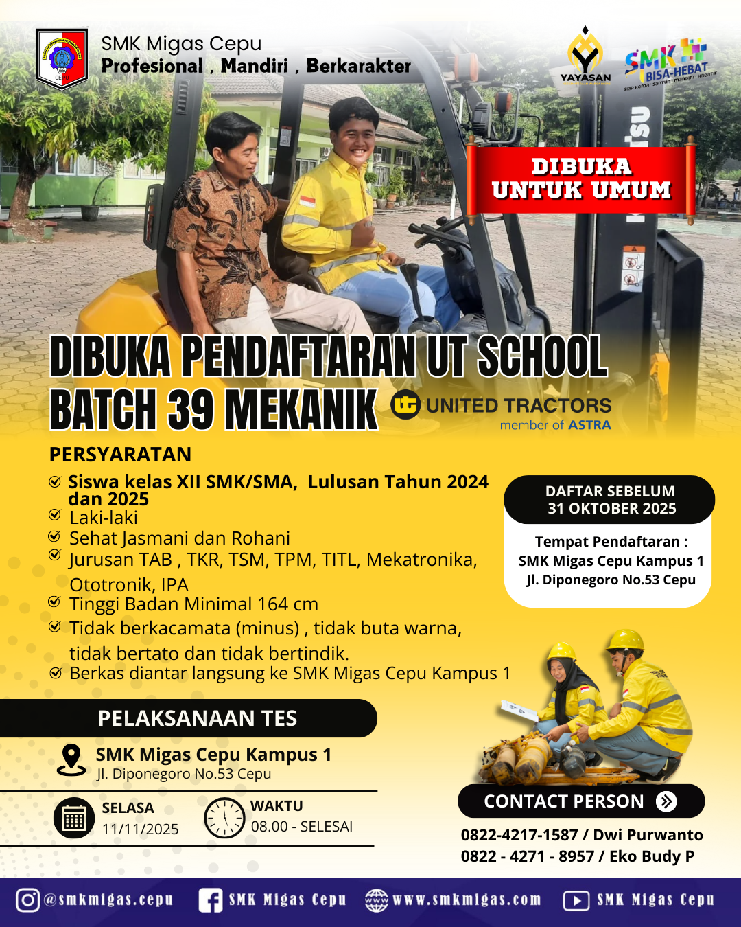 Dibuka Pendaftaran UT School Batch 39 Mekanik di SMK Migas Cepu